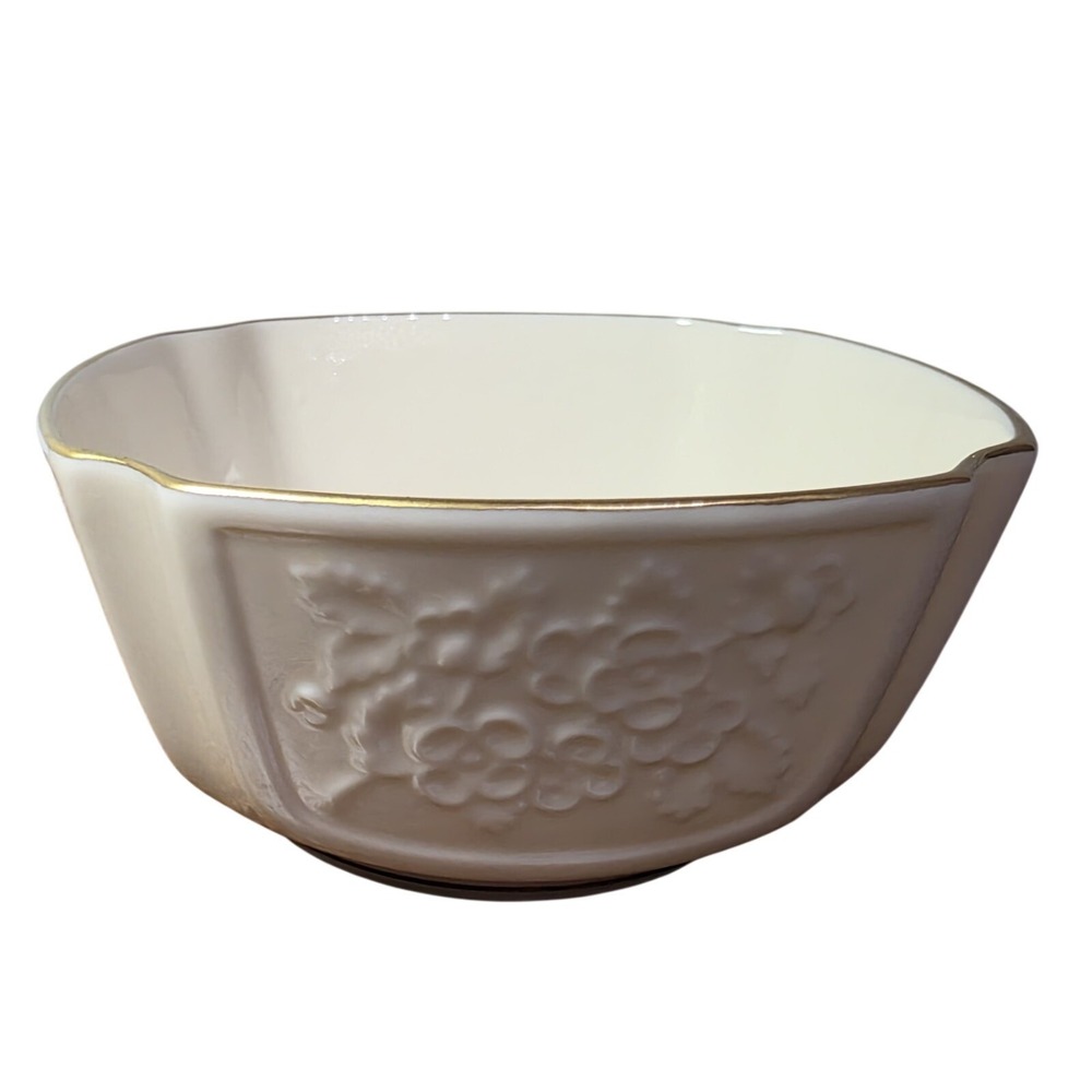 Lenox Square Arcadia Bowl/Candy Dish, Cream 24k Gold Rim, Raised‎ Flowers USA
